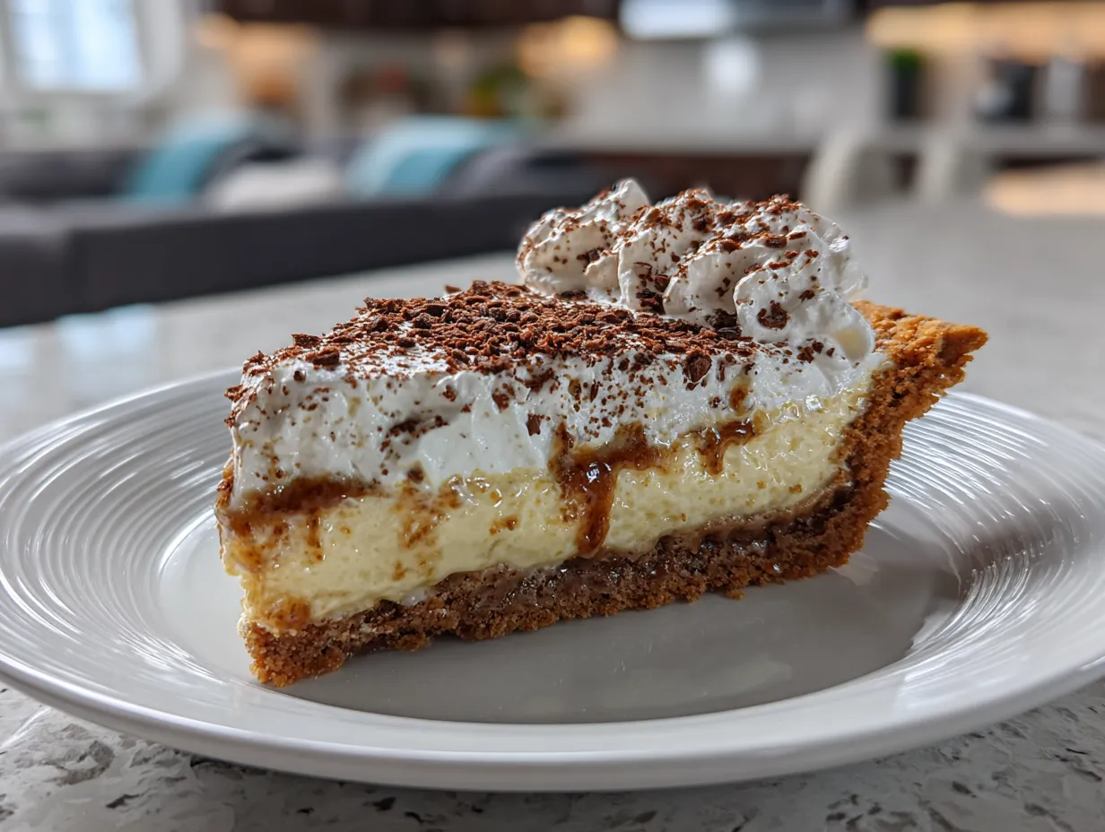 A finished homemade banana cream pie with whipped cream and banana slices.