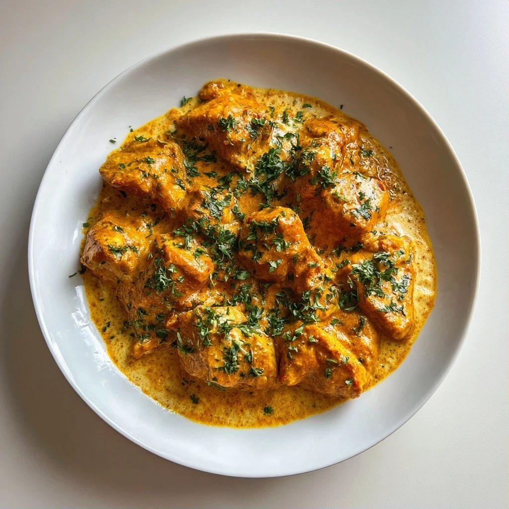 Delicious finished Homemade Butter Chicken Recipe served with rice and cilantro