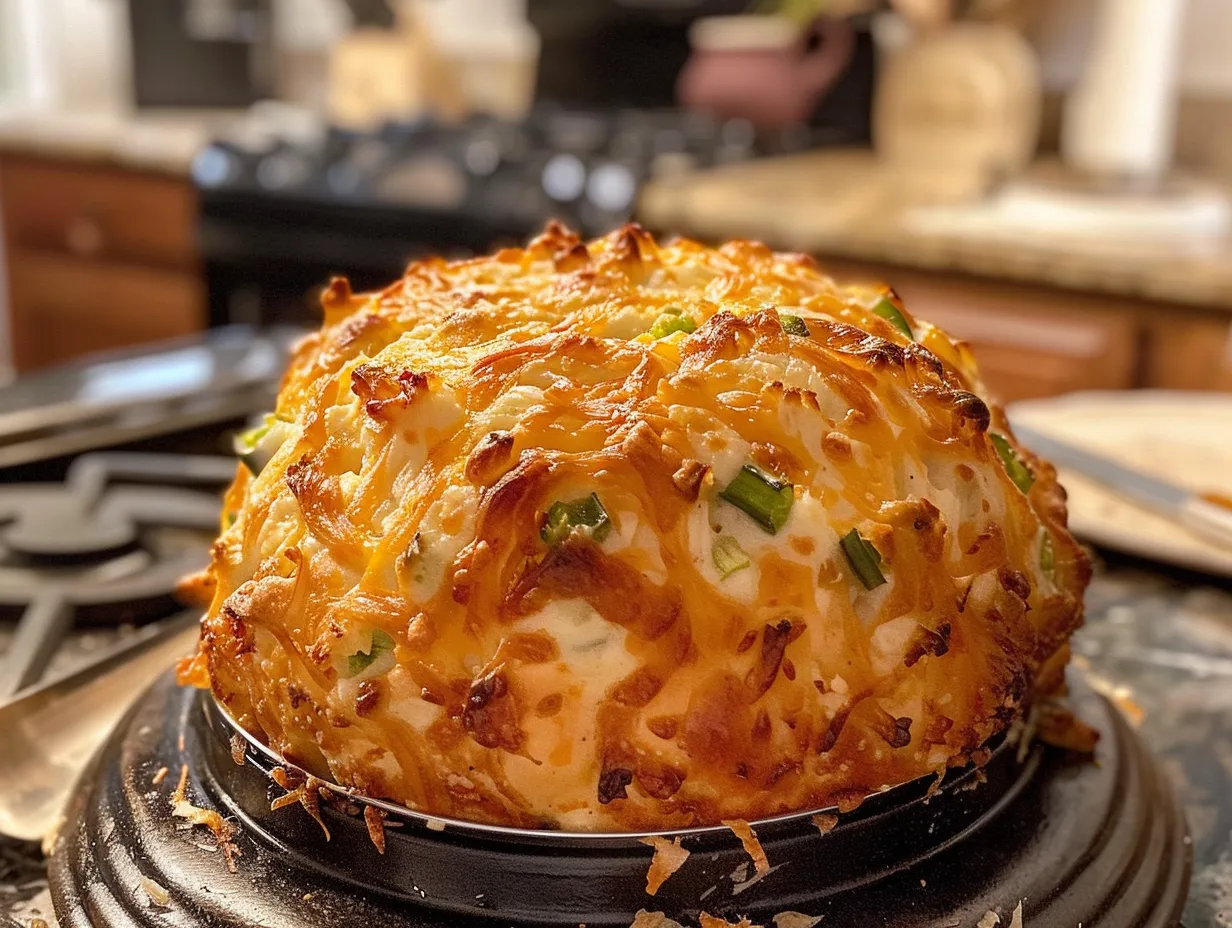 Finished Jalapeno Popper Cheese Ball coated in pecans, sitting on a kitchen counter.
