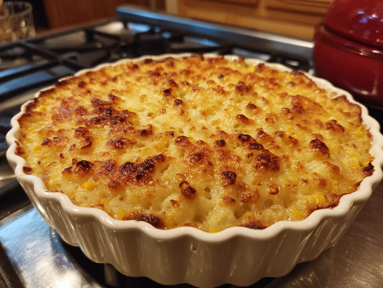 A bubbling, golden Macaroni Corn Casserole fresh from the oven.
