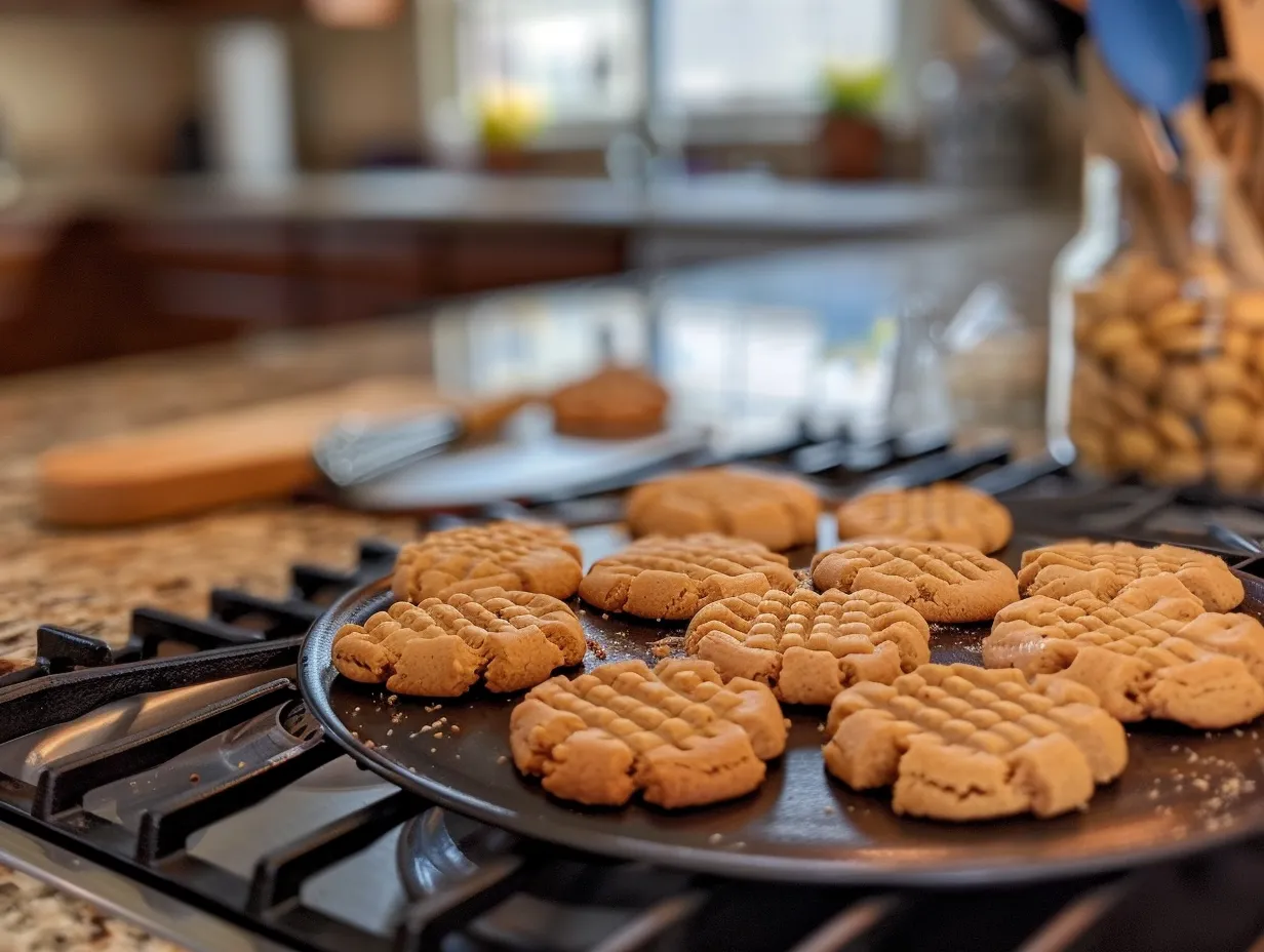 A batch of freshly baked homemade soft peanut butter cookies cooling on a wire rack, set against a kitchen counter backdrop.