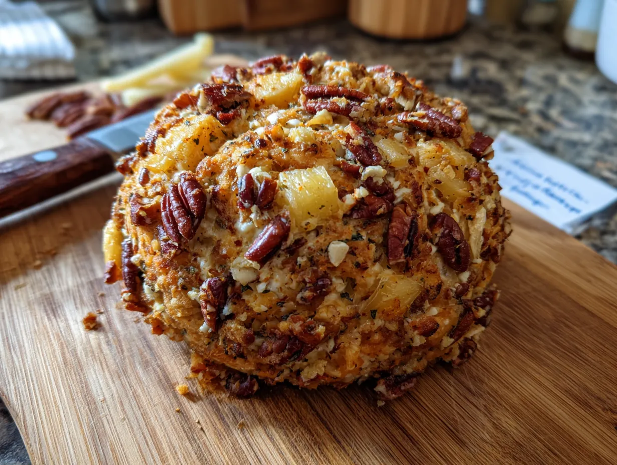 A finished pineapple pecan cheese ball ready to serve.