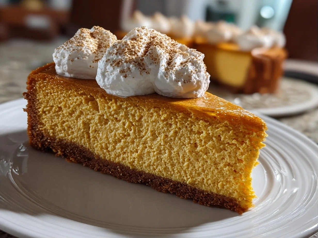 A close-up of a slice of finished Pumpkin Cheesecake.