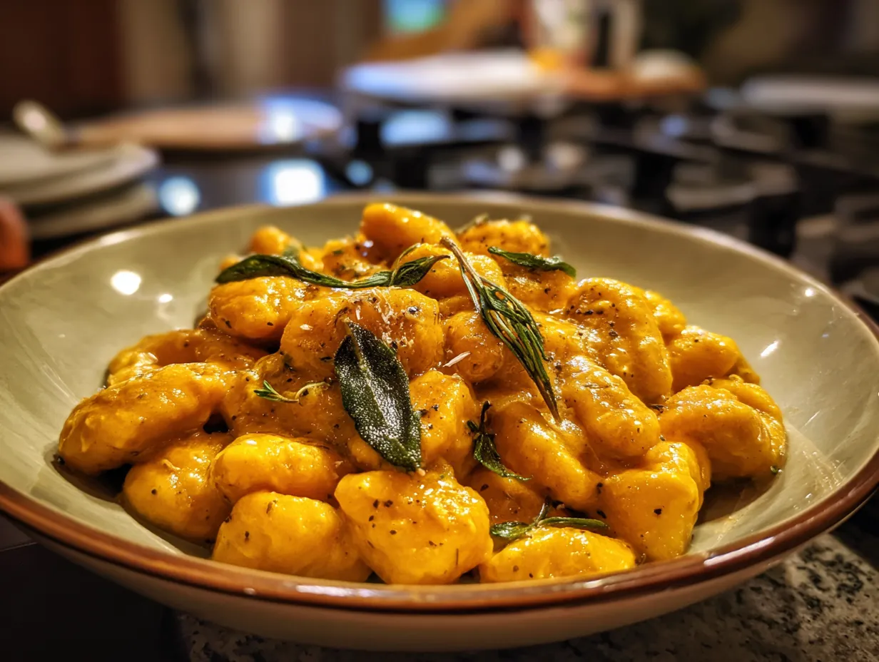 Finished Pumpkin Gnocchi on the stove with brown butter sage sauce.