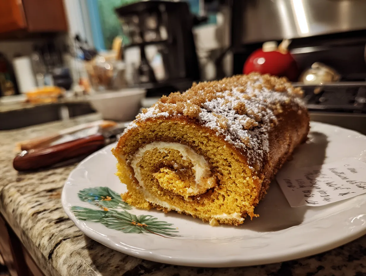 A beautifully decorated finished pumpkin roll, sliced and ready to eat, dusted with powdered sugar.