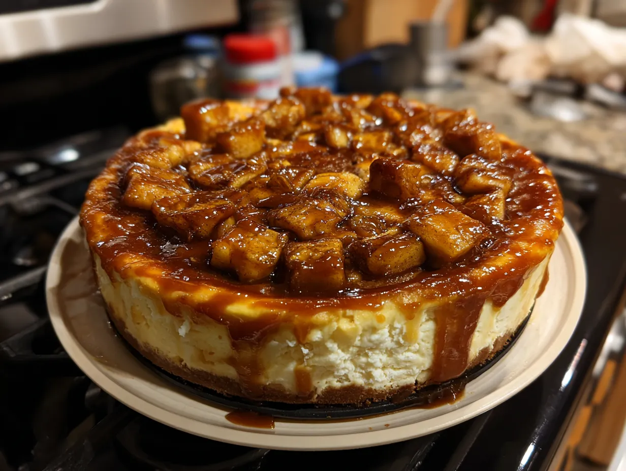 A perfectly baked Salted Caramel Apple Pie Cheesecake drizzled with caramel sauce, sitting on a white plate.
