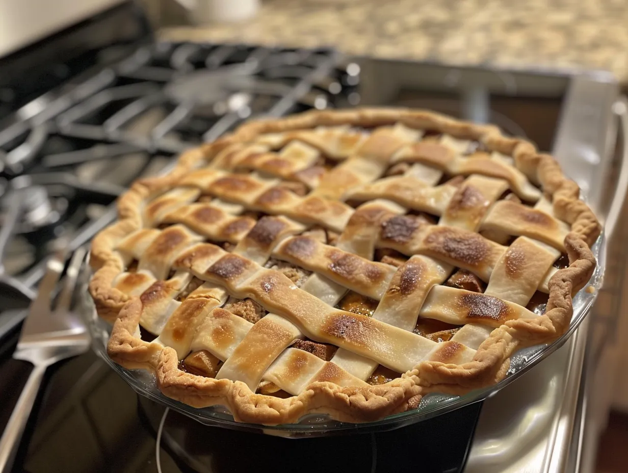 Finished Smores Pie with golden brown marshmallows and gooey chocolate filling.