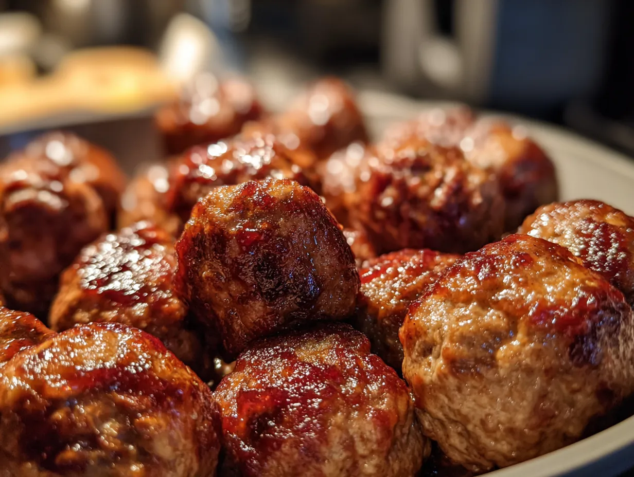 Finished spicy cranberry BBQ meatballs served in a bowl garnished with green onions