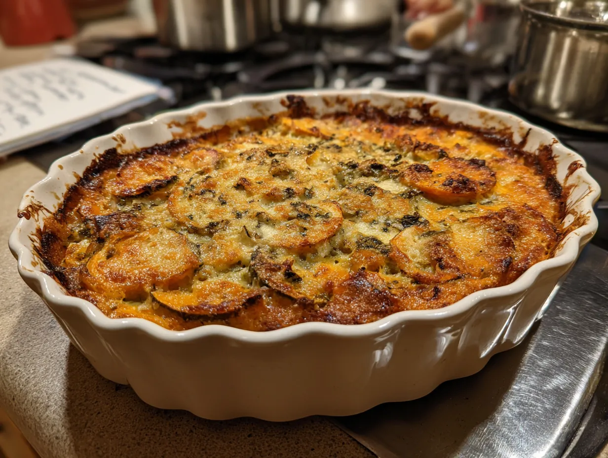 Finished Squash Casserole on a kitchen counter