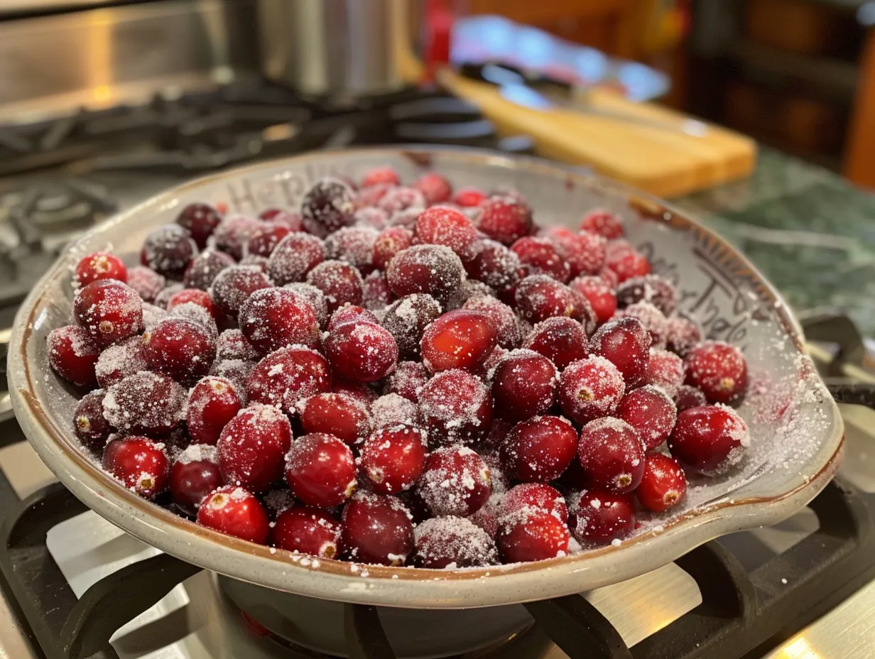 Finished sugared cranberries displayed on a plate.