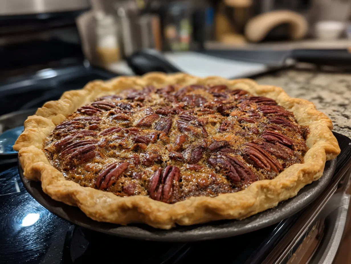 Finished Texas Chocolate Pecan Pie with a golden-brown crust and rich, chocolatey filling.