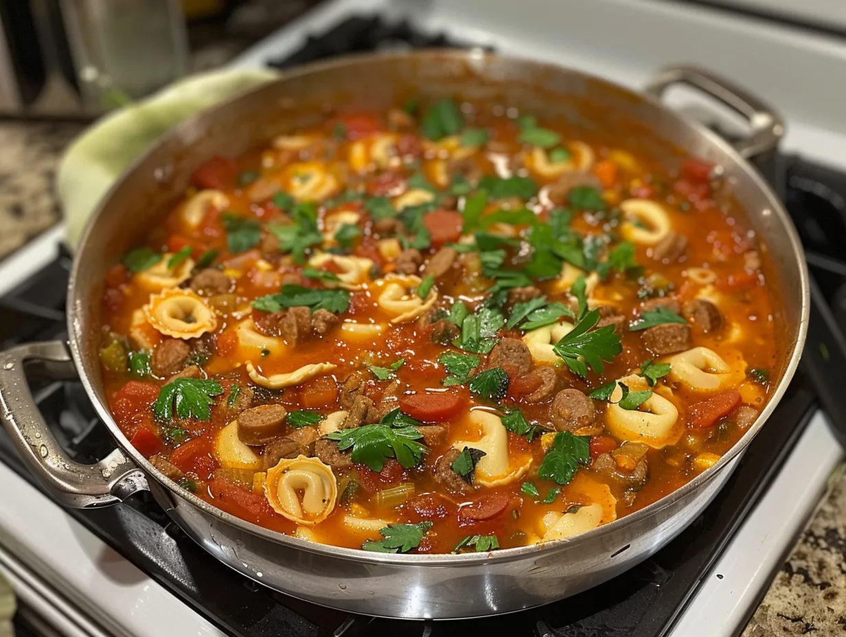 Finished tortellini soup with sausage on a stove, garnished with fresh parsley.