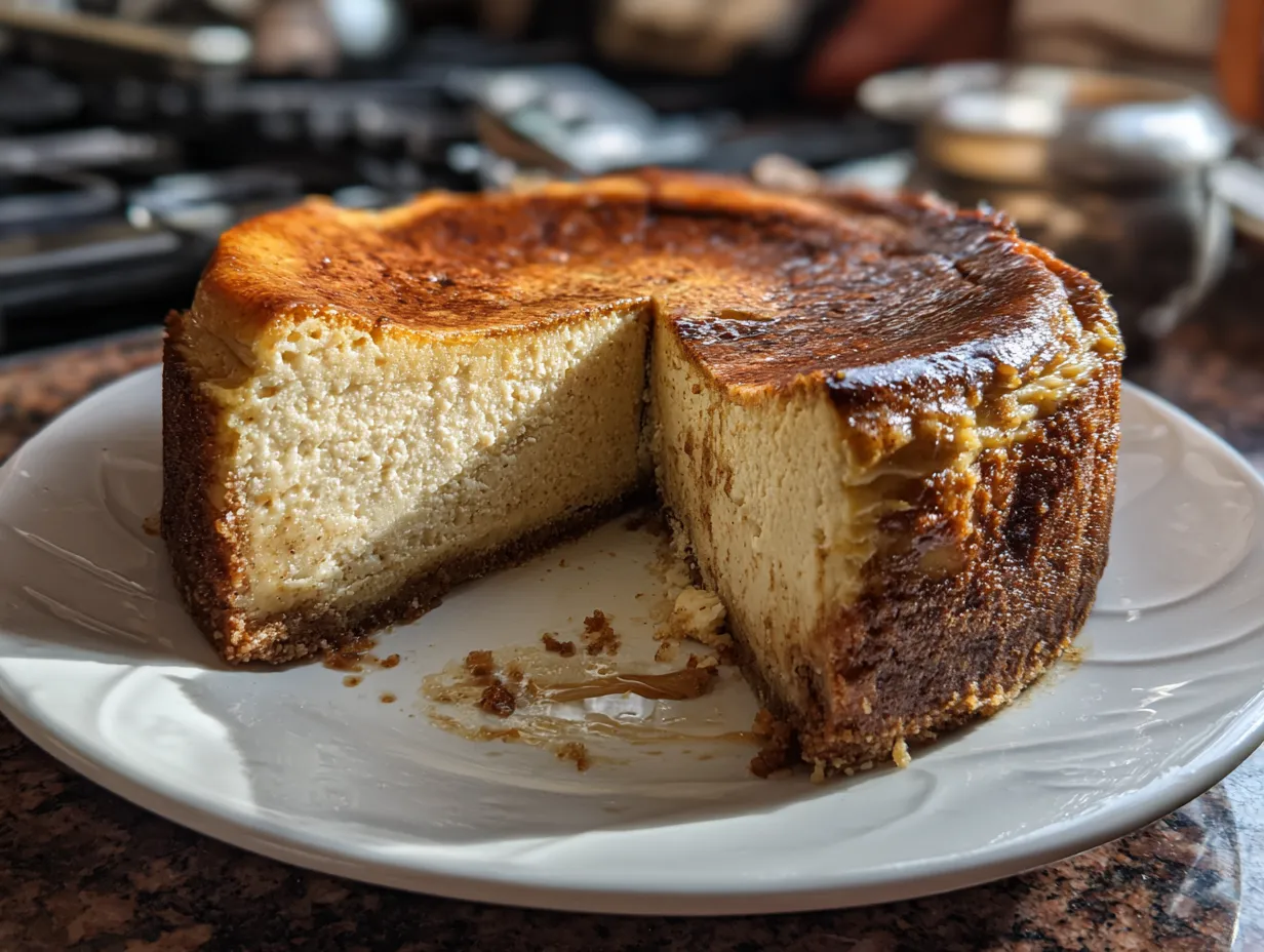 Finished Vanilla Bean Brown Butter Cheesecake, golden brown and ready to be served.