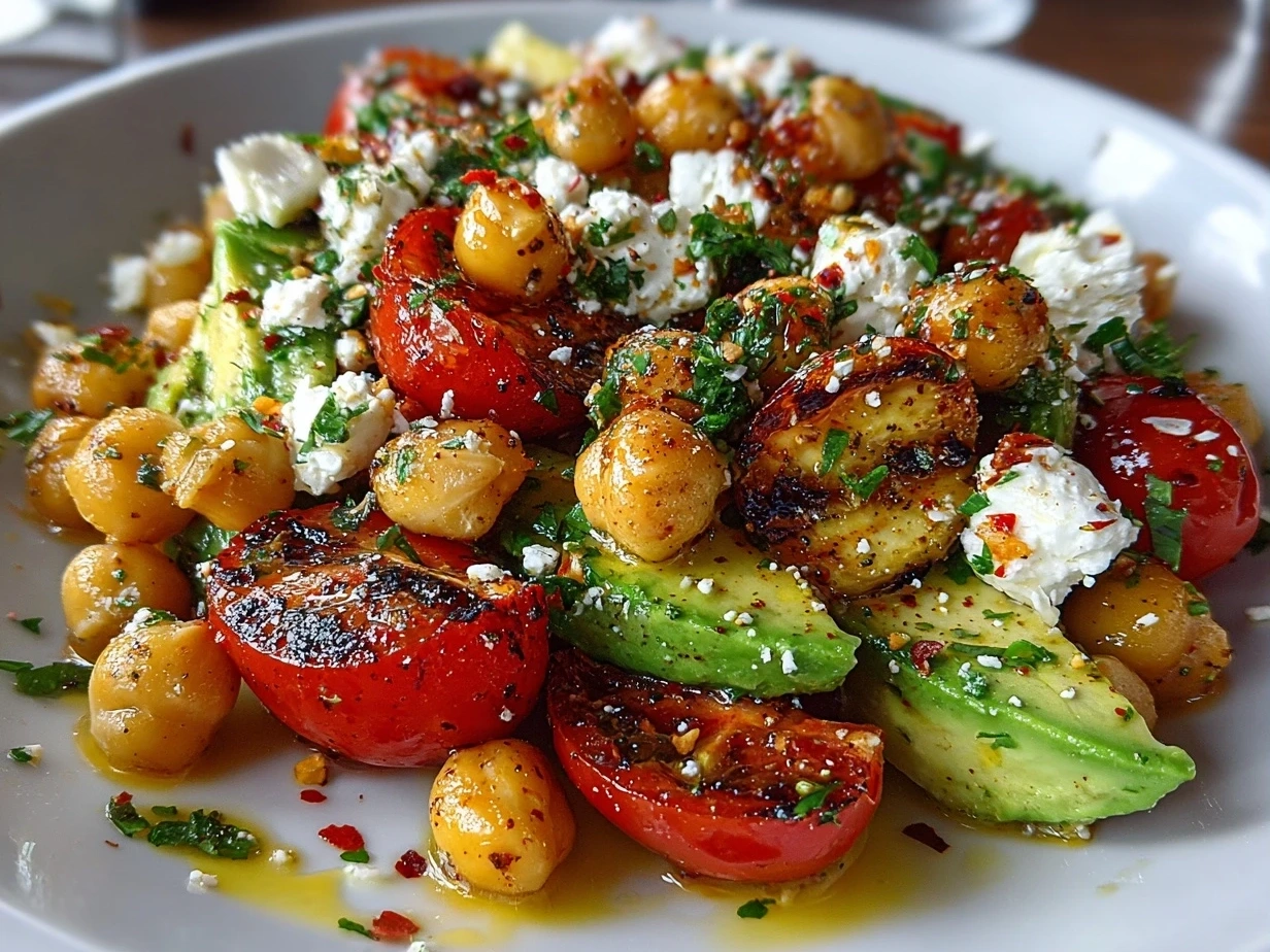A beautifully plated Vibrant Chickpea Feta Avocado Salad, showcasing the vibrant colors and textures of the finished dish.