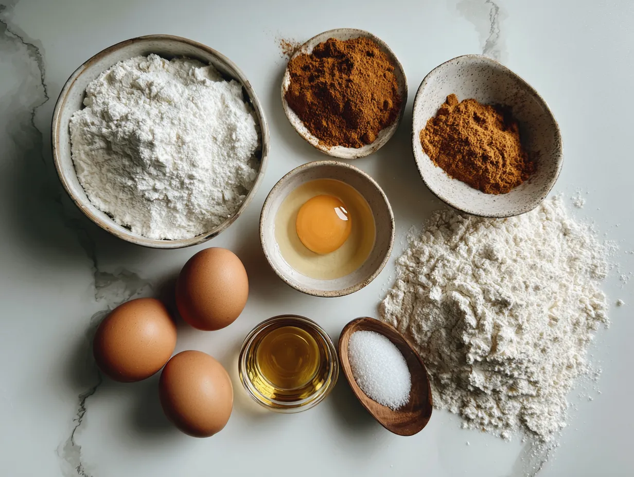 Fresh ingredients like eggs, pumpkin puree, and spices ready for making a homemade pumpkin roll.