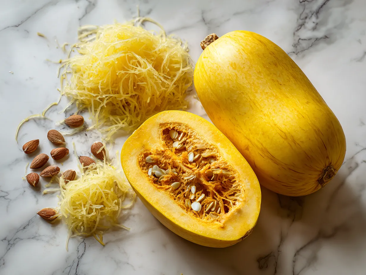 Fresh ingredients arranged for preparing a Spaghetti Squash Dinner, including the squash, olive oil, spices, marinara sauce, ground beef, and parmesan cheese