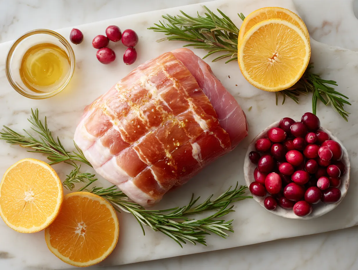 Ingredients for making a cranberry orange glaze, including fresh cranberries, oranges, and spices.