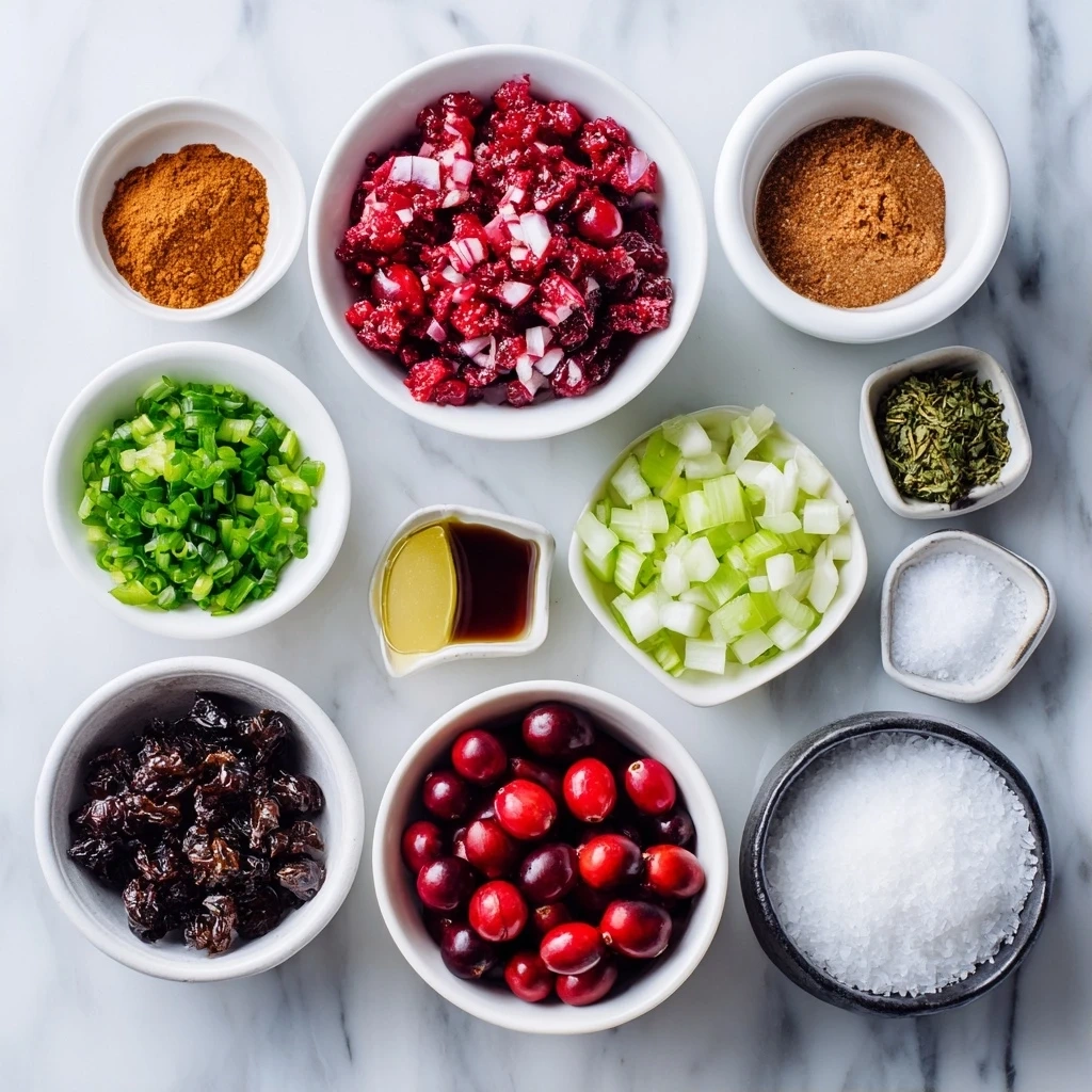 Fresh ingredients including cranberries, red onion, cilantro, and jalapenos for making spicy cranberry salsa.