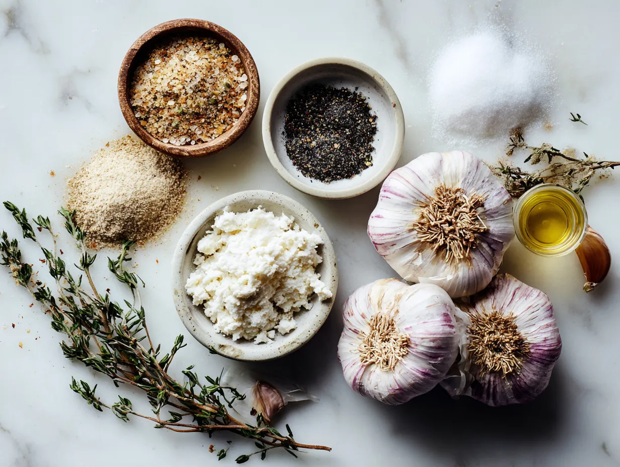 Ingredients for making a garlic herb cheeseball including cream cheese, goat cheese, butter, garlic, herbs, and pecans.