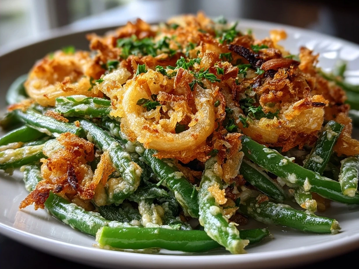 Finished Garlic Parmesan Green Bean Casserole in a baking dish