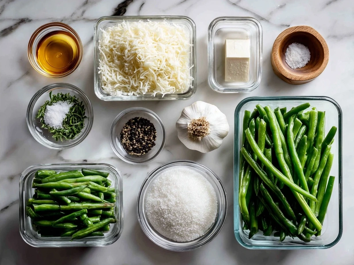 Ingredients for Garlic Parmesan Green Bean Casserole including green beans, butter, garlic, flour, milk, broth, parmesan, sour cream, salt, pepper, and french fried onions