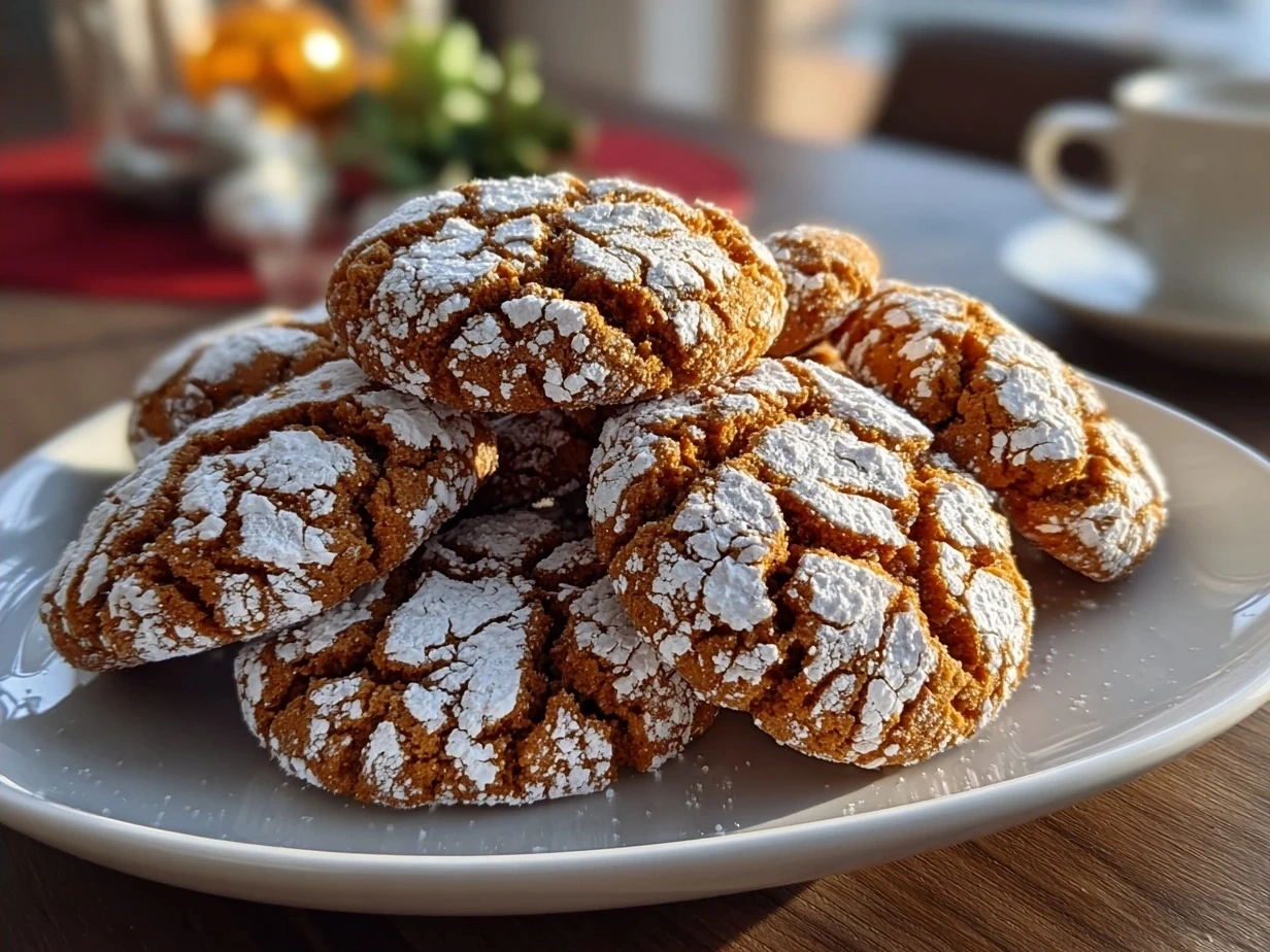 Finished Gingerbread Crinkle Cookies served on a plate with a dusting of powdered sugar.