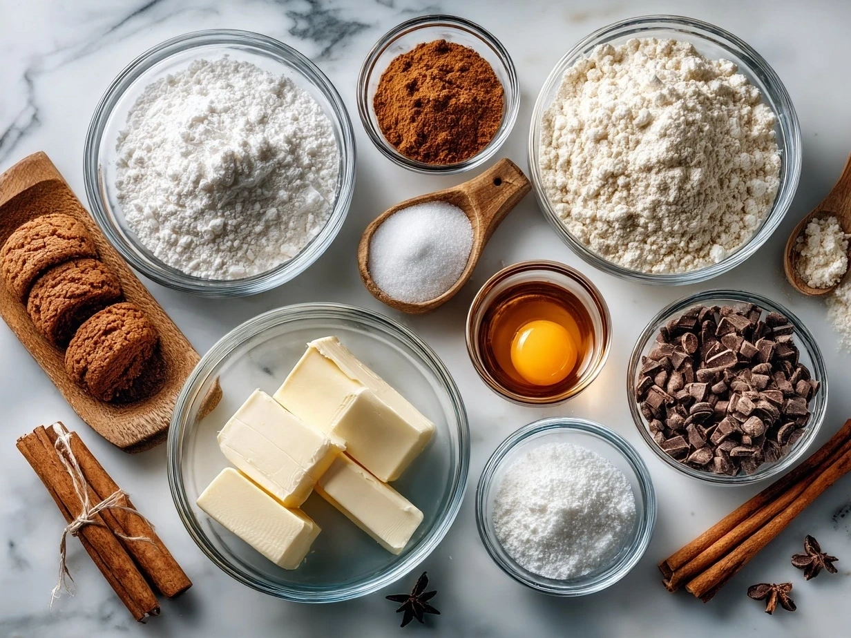 Ingredients for Gingerbread Crinkle Cookies including flour, spices, sugar, butter, molasses, and an egg.