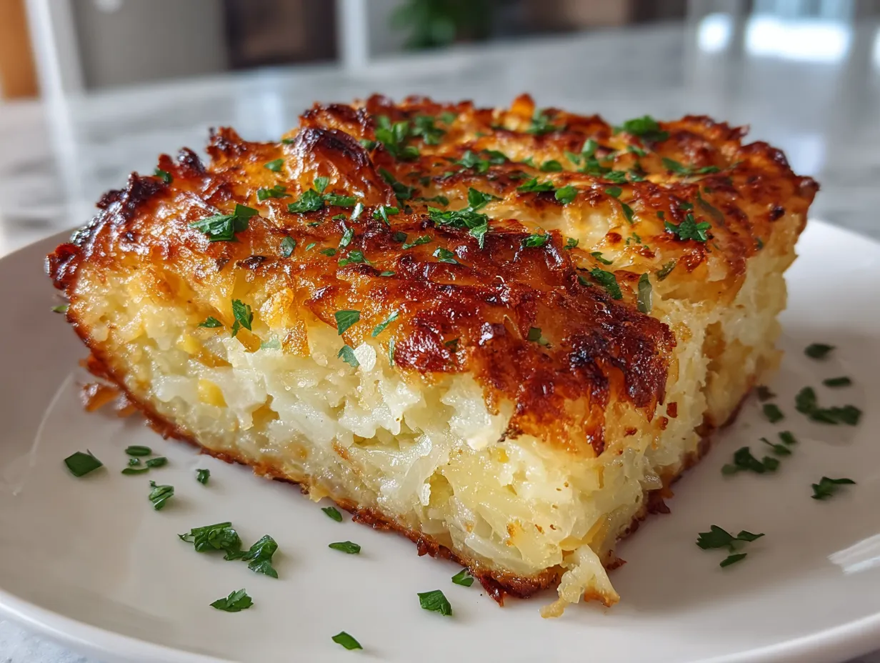Finished hashbrown casserole in a baking dish