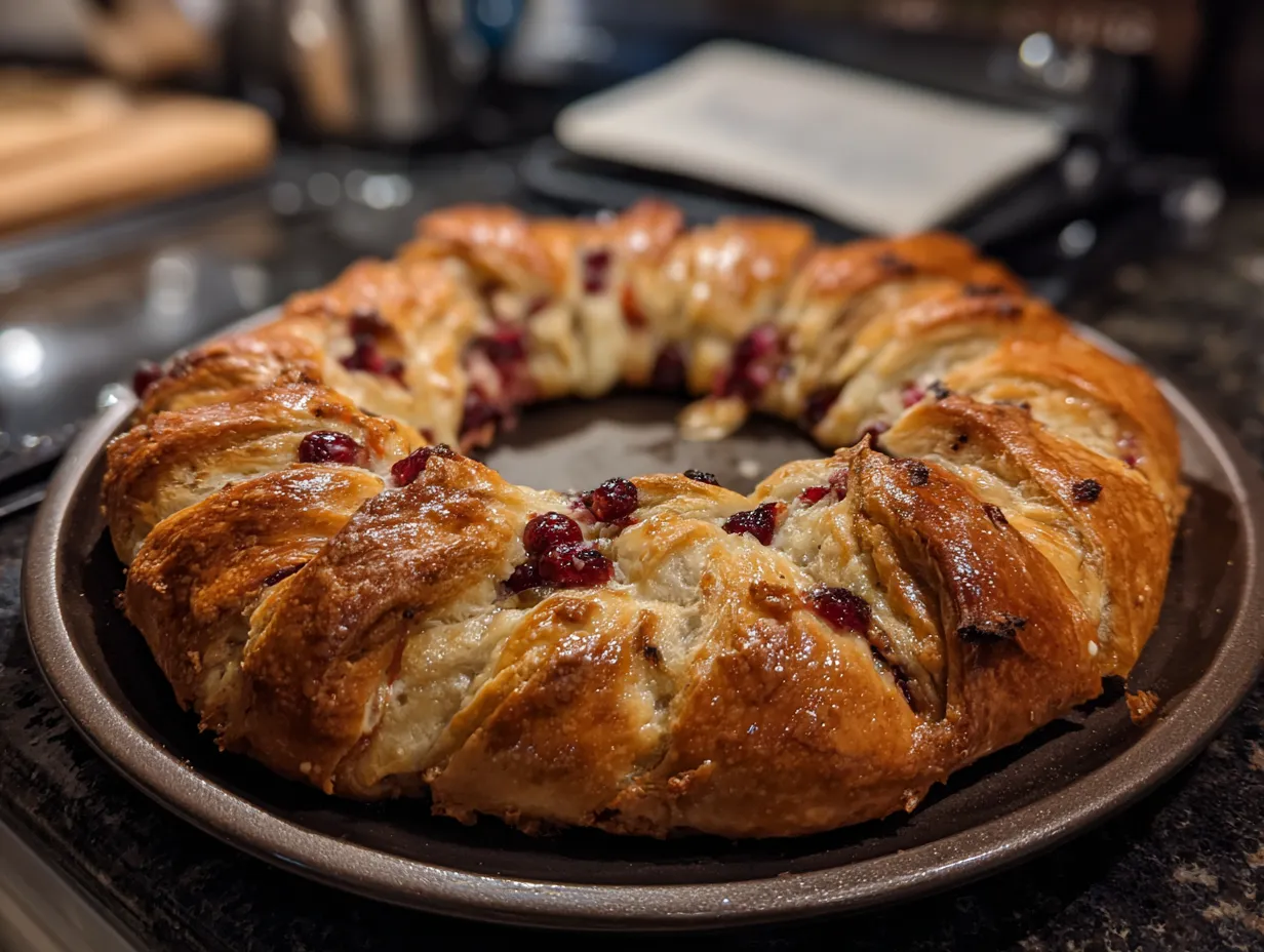 Finished homemade Cranberry Brie Crescent Wreath on a platter