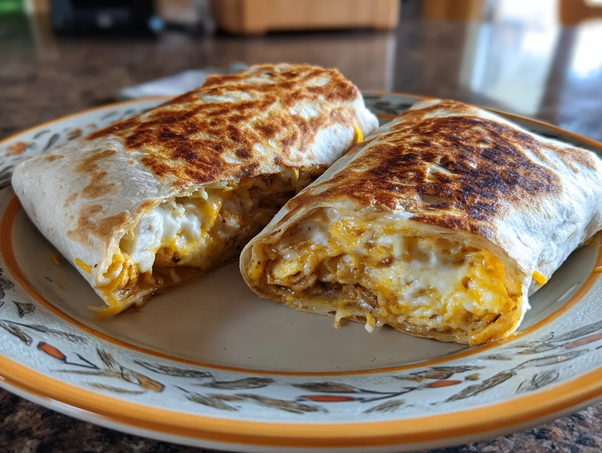 A delicious homemade grilled cheese burrito on a kitchen counter.