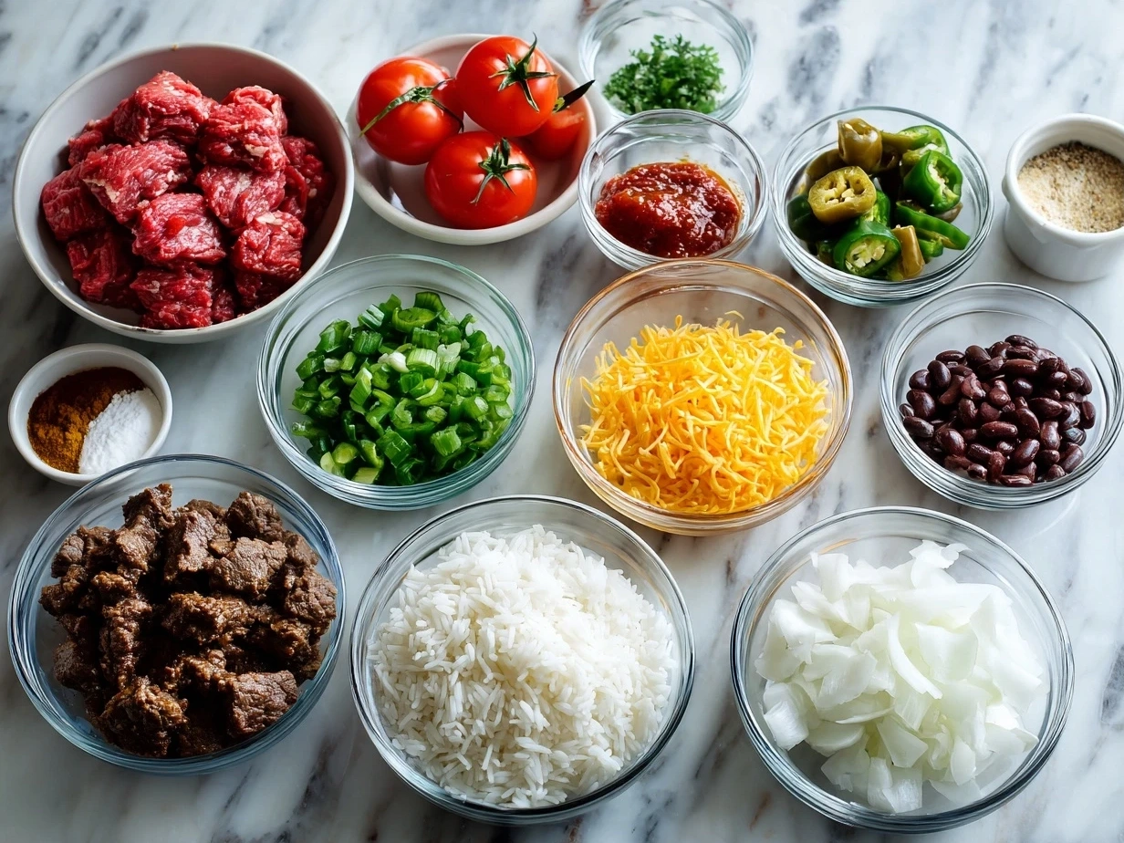 Ingredients for a flavorful Mexican Beef and Rice Skillet