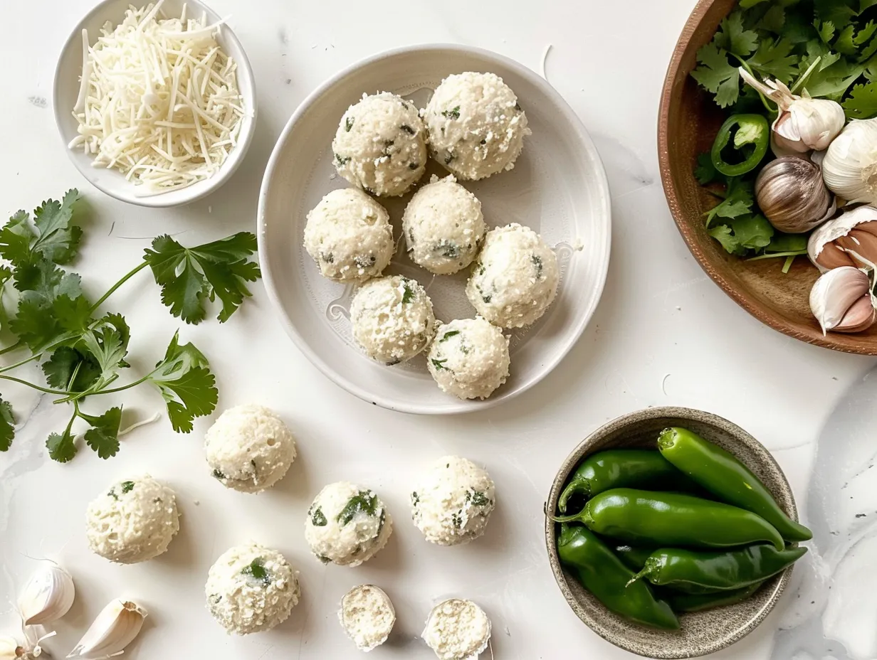 Ingredients for making a Jalapeno Popper Cheese Ball: cream cheese, cheddar, mayonnaise, jalapenos, bacon, green onions, garlic powder, salt, and pepper.