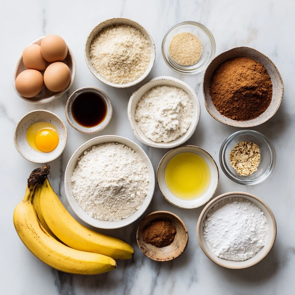 Ingredients for making banana bread including bananas, flour, sugar, butter, eggs, vanilla extract, baking soda, and salt.
