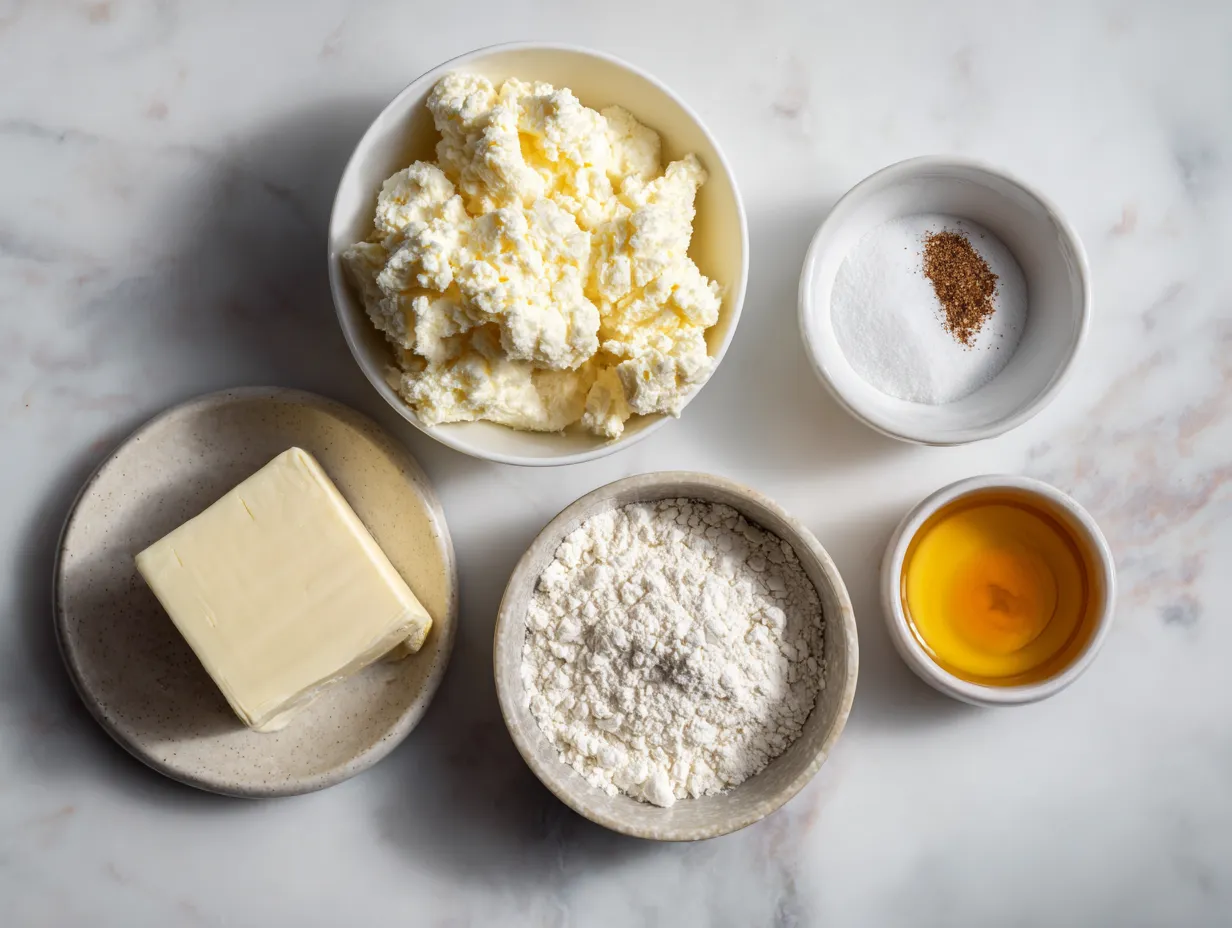Ingredients for making Cream Cheese Corn Casserole including canned corn, cream cheese, sour cream, butter, sugar, flour, and spices.