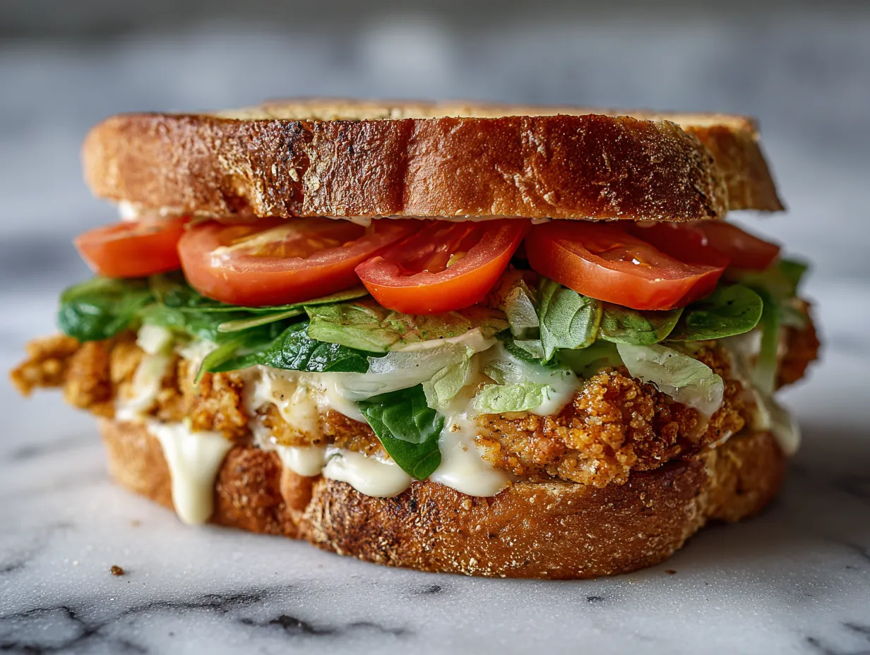 Ingredients for Crispy Chicken Caesar Sandwich including chicken breasts, panko breadcrumbs, parmesan cheese, garlic powder, eggs, romaine lettuce, caesar dressing and burger buns