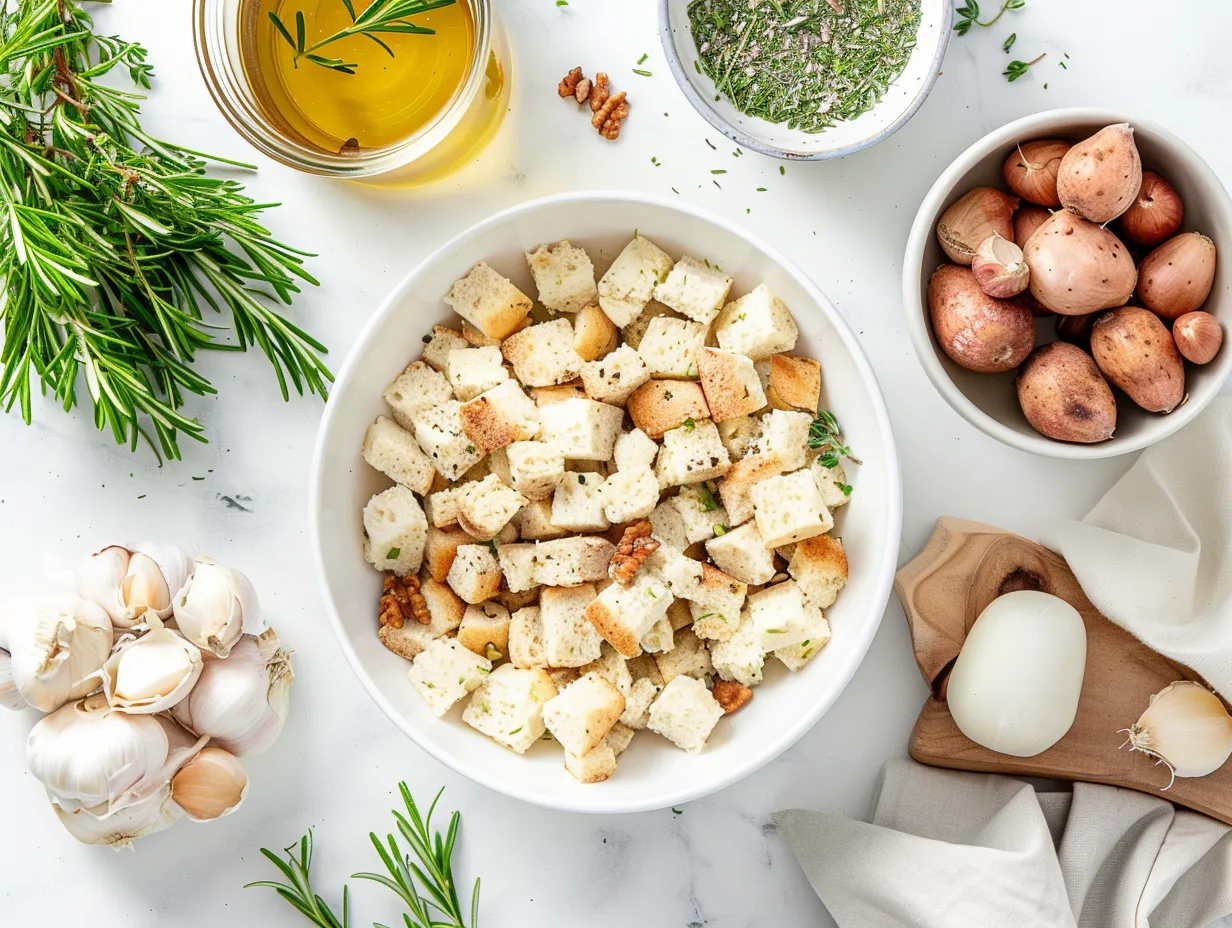 Ingredients for making Turkey Crockpot Stuffing including bread, vegetables, ground turkey, and spices.