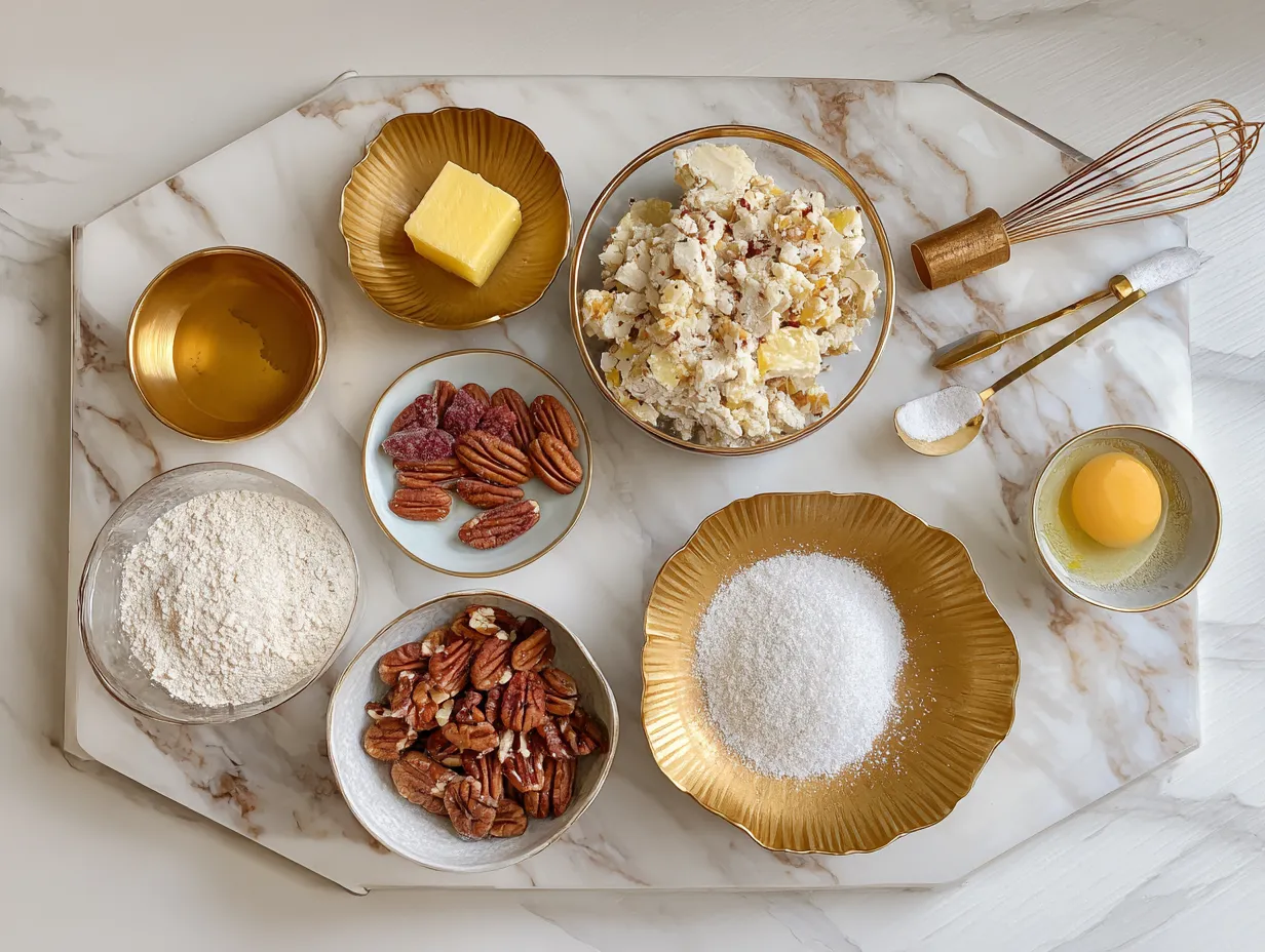 Ingredients for making a pineapple pecan cheese ball.