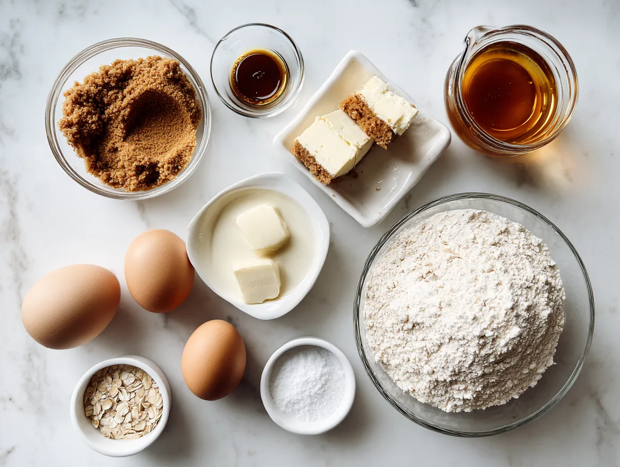 Ingredients for making Salted Caramel Apple Pie Cheesecake on a marble countertop, including graham crackers, butter, apples, cream cheese, sugar, and spices.
