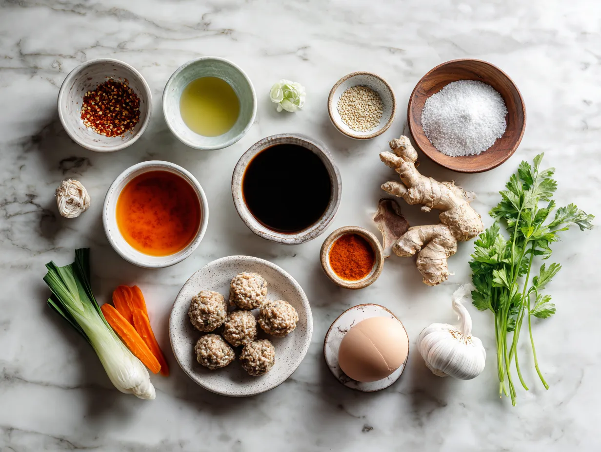 Ingredients for Sheet Pan Sesame Ginger Chicken Meatballs including ground chicken, vegetables, and sauces