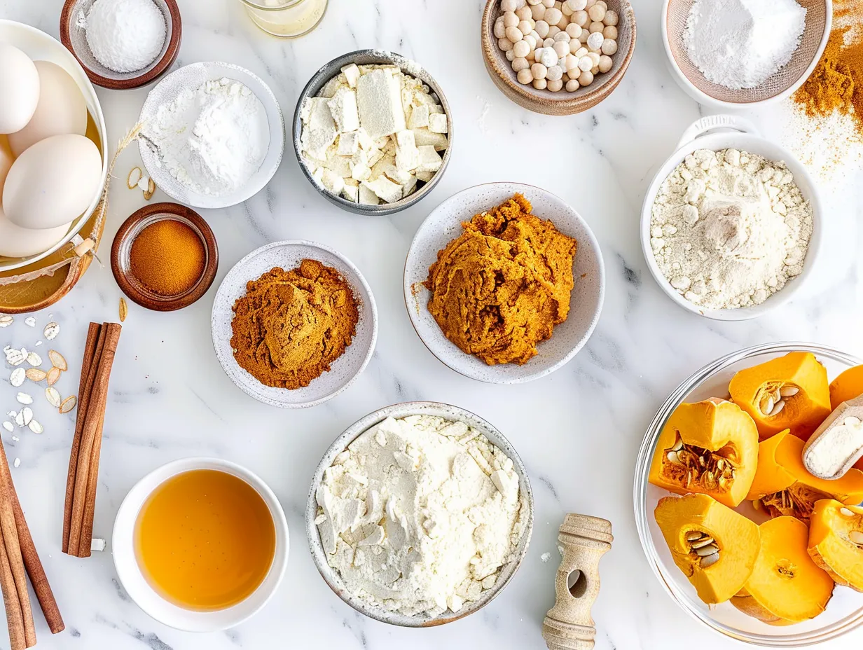 Ingredients for making spiced creamy pumpkin roll