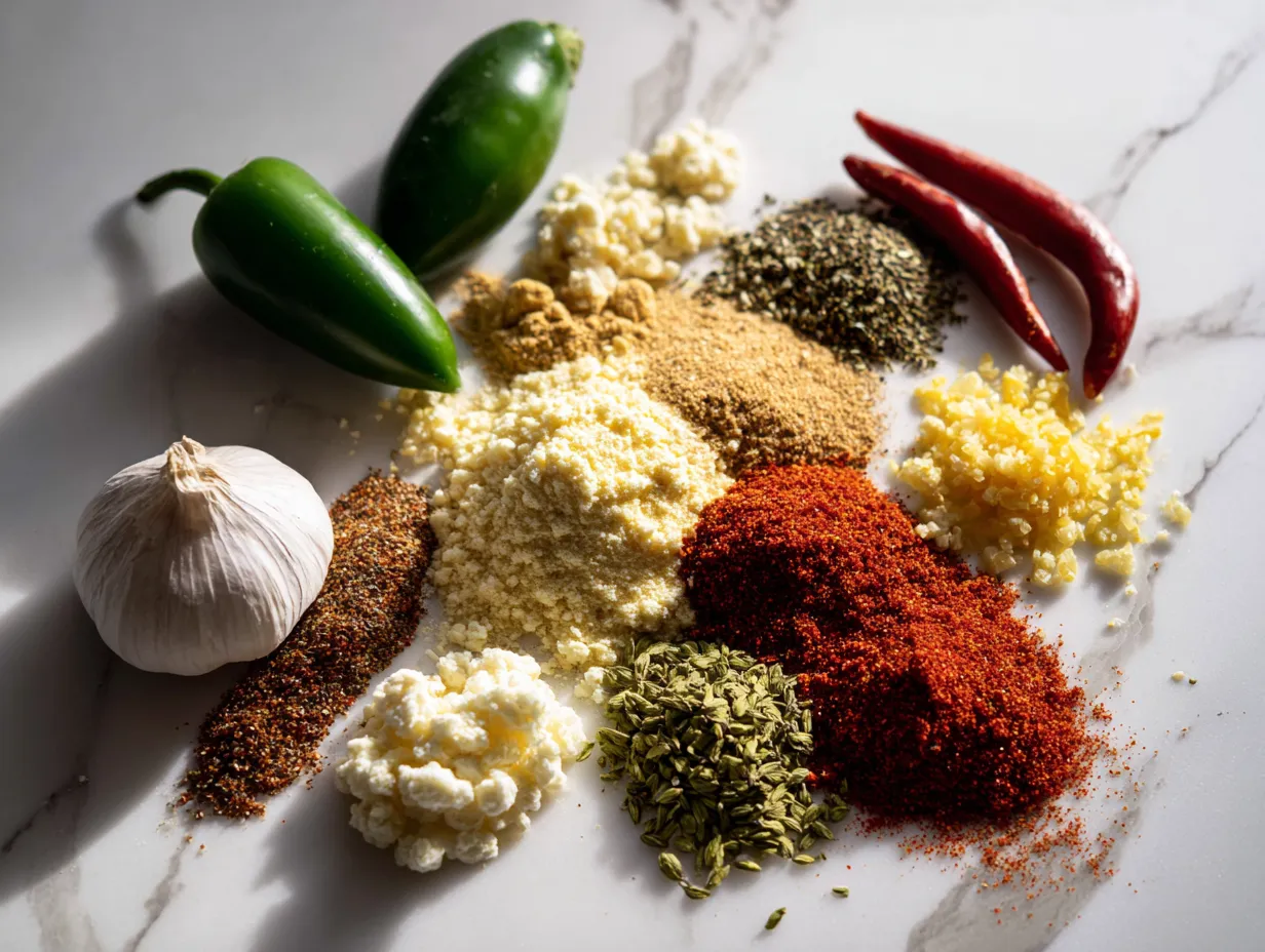 Ingredients for making Spicy Jalapeño Popper Cheese Ball including cream cheese, cheddar cheese, jalapeños, bacon bits, and spices.