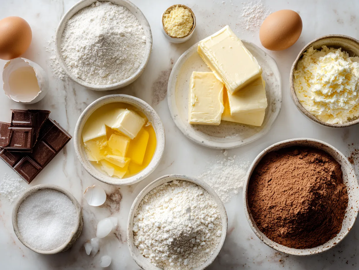 Ingredients for making Vanilla Bean Brown Butter Cheesecake, including cream cheese, butter, vanilla bean, and graham crackers.