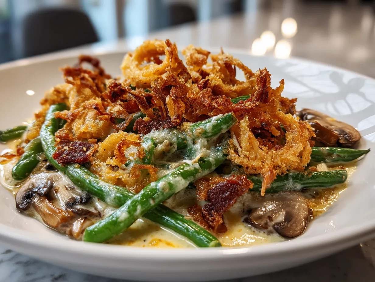 Finished Loaded Green Bean Casserole with melted cheese and crispy fried onions.
