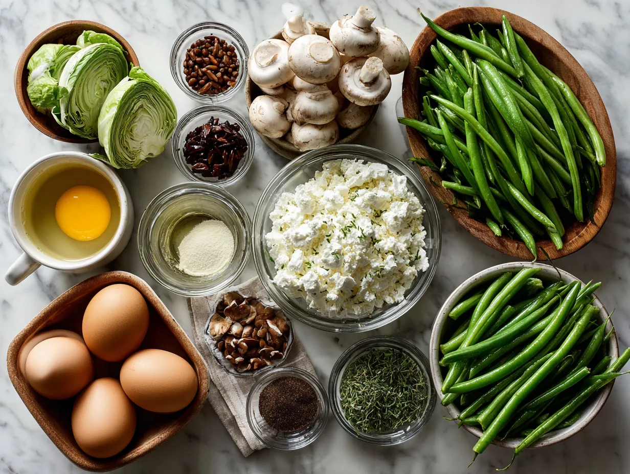 Ingredients for Loaded Green Bean Casserole including green beans, onions, mushrooms, butter, flour, chicken broth, cream, Worcestershire sauce, garlic powder, cheese, fried onions, and bacon.
