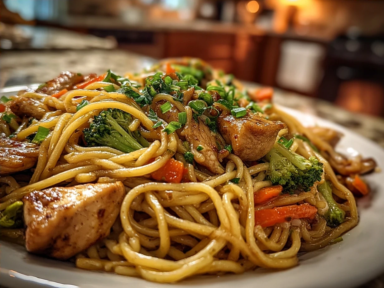 Finished One-Pan Chicken Lo Mein dish