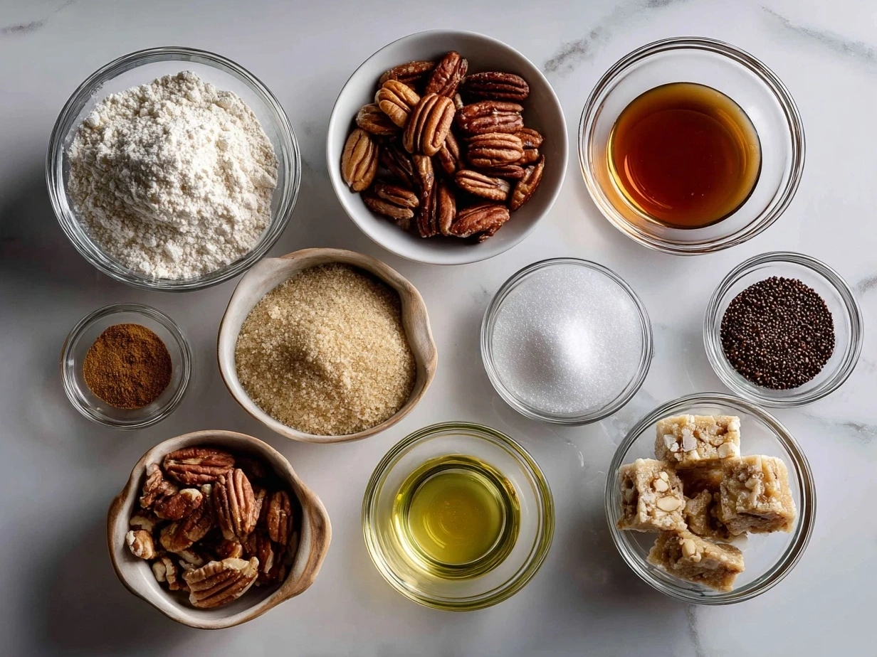 Ingredients for gooey pecan pie bars: flour, butter, sugar, eggs, and pecans.