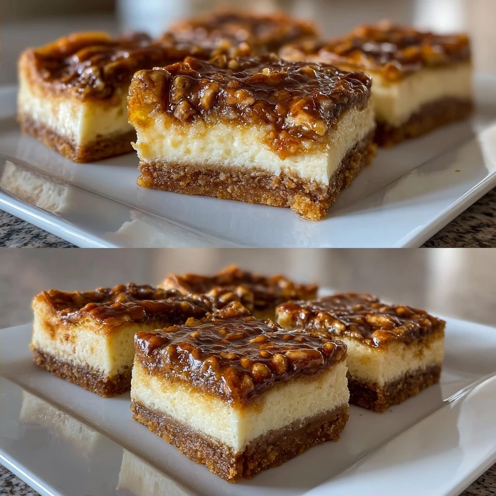 Finished pecan pie cheesecake bars, cut into squares and ready to serve.