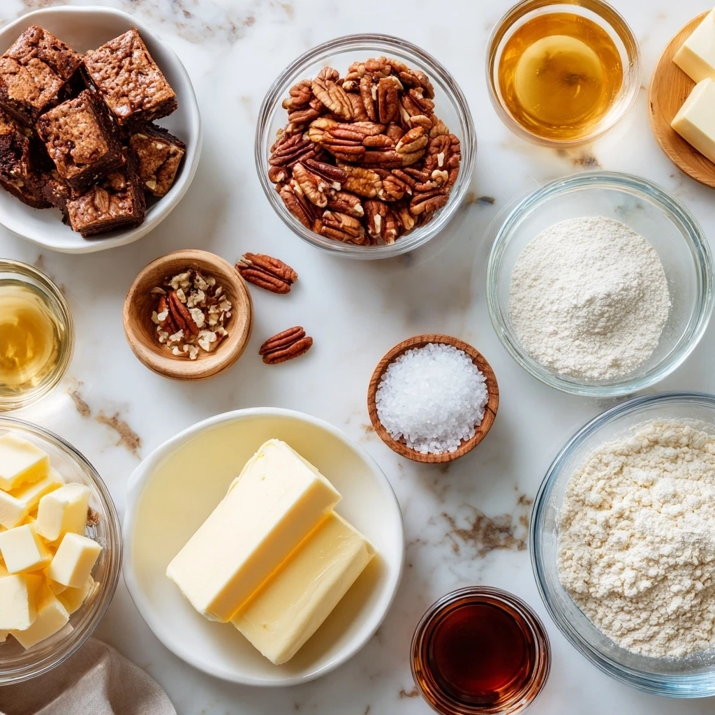 Ingredients for making pecan pie cheesecake bars including graham crackers, butter, cream cheese, pecans, and more.
