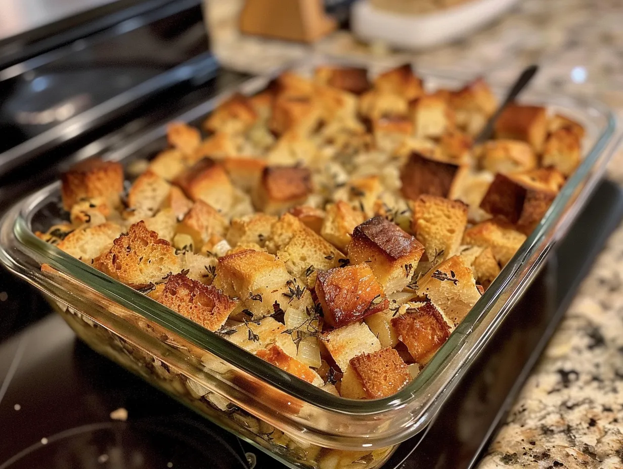 Delicious Turkey Crockpot Stuffing in a crockpot ready to be served.