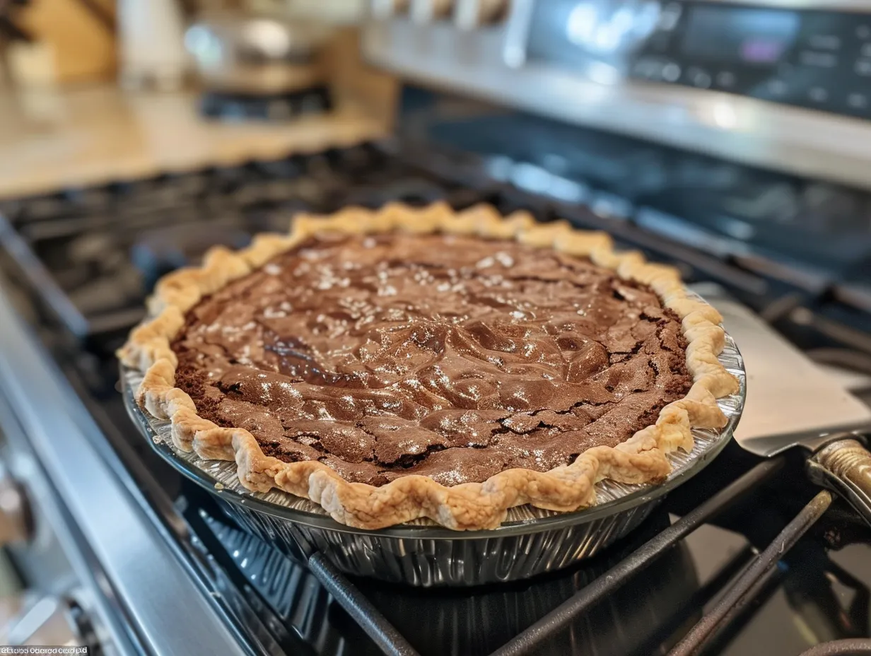 A perfectly baked Old Fashioned Chocolate Pie with a glossy filling and a flaky crust.